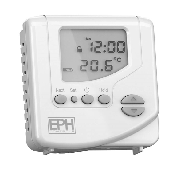 Picture of Battery operated programmable thermostat with lockable keypad and limitable temperature range.