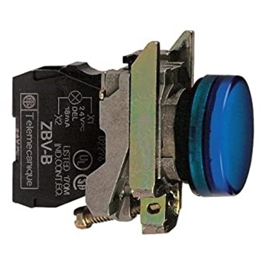 Picture of Schneider Electric Harmony XB4 Blue LED Pilot Light, 22mm Cutout, IP66, IP67, IP69, IP69K, 120 V ac, 3 A ac, 270 mA dc  XB4BVG6