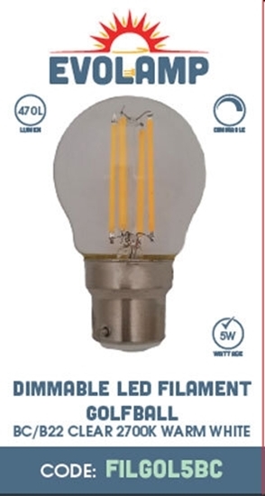 Picture of EVOLAMP 5W FILAMENT GOLF DIMMABLE, BC/B22,2700K